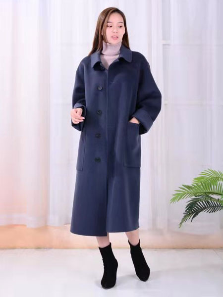 SISTER KUN女装品牌2019秋冬保暖藏青色大衣