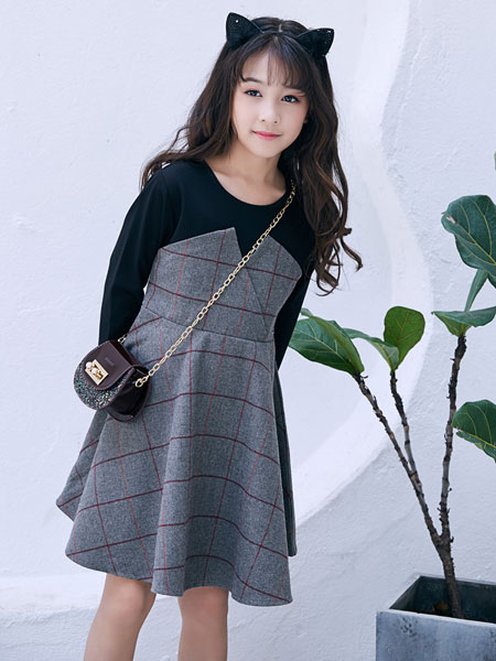 嗒嘀嗒童装品牌2019秋冬新款时尚格纹假两件连衣裙