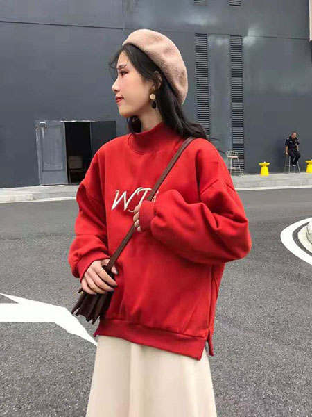 宝洛莎女装品牌2019秋冬红色字母印花上衣