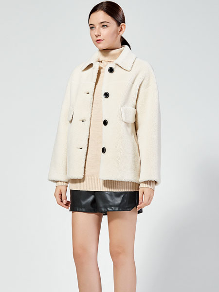 布伦圣丝女装品牌2019秋冬羊剪颗粒绒大衣女羊毛复合外套