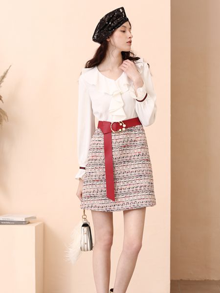 百图女装品牌2019秋冬金色编织镂空时尚通勤半身裙短裙