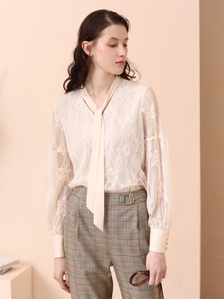 百图女装品牌2019秋冬百搭飘带蕾丝打底衫长袖上衣白衬衫