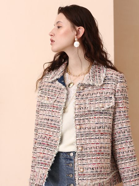 百图女装品牌2019秋冬新款时尚名媛彩色流苏短款夹克