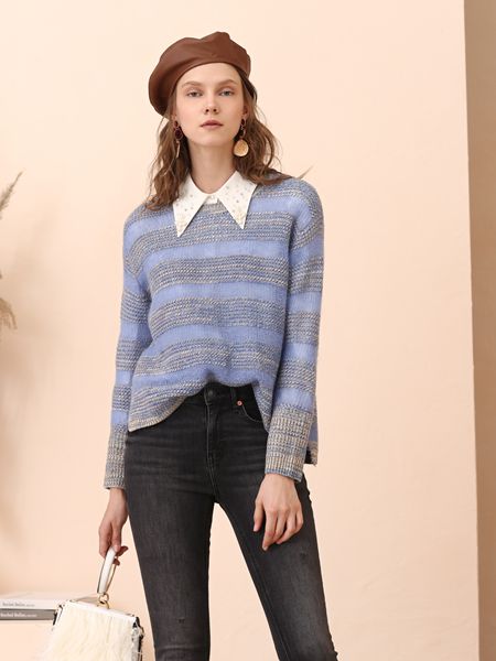 百图女装品牌2019秋冬长袖宽松纯色圆领针织衫上衣