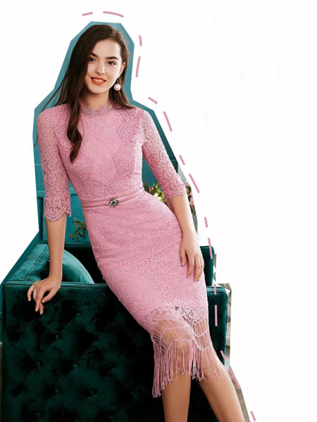 欧点女装品牌2019秋季新款韩版长袖修身显瘦蕾丝收腰连衣裙