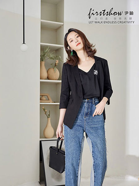 伊袖女装品牌2019秋季时尚气质拼接袖小西装 时髦黑色潮