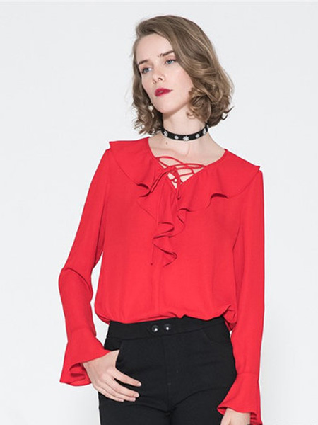 诺曼琦女装品牌2019春夏红色百搭洋气长袖雪纺衫上衣
