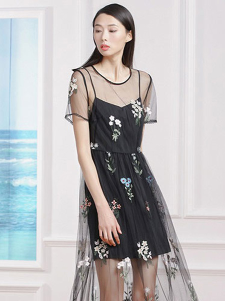 诺曼琦女装品牌2019春夏气质高腰中长款仙女网纱裙