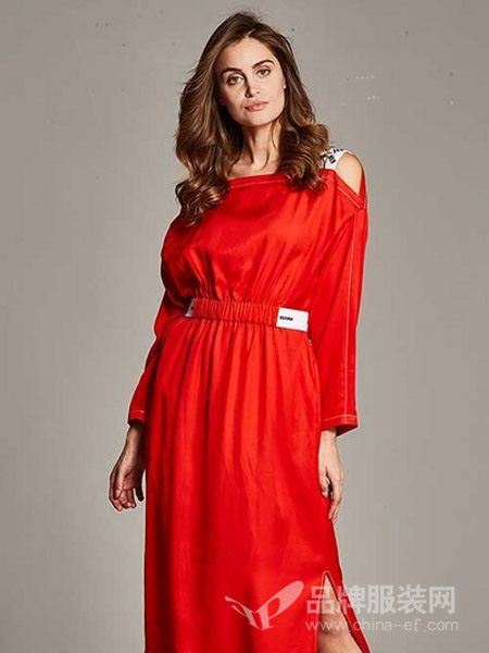 蒂斯弗女装品牌2019春夏沙漠裙刺绣棉麻红色连衣裙