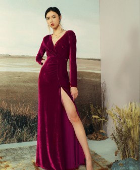 香莎女装品牌2019春季高贵名媛红色丝绒礼服长款鱼尾