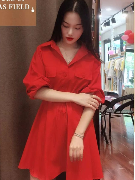 左韩女装品牌2019秋冬新款红色连衣裙