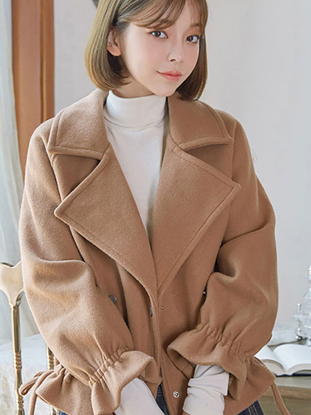 chuu冬季外套毛呢女短款驼色2019秋冬新款韩版宽松小个子呢子大衣