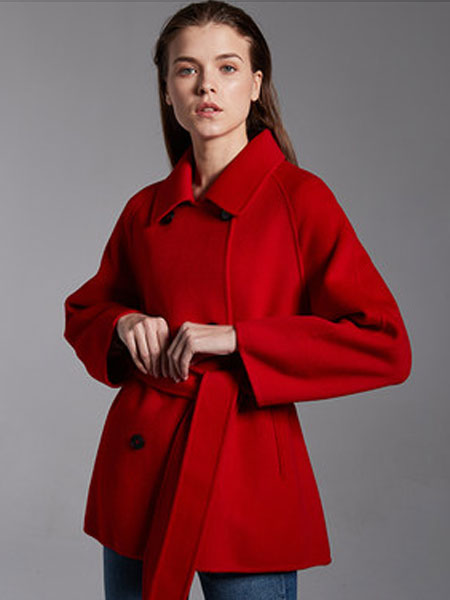 万丽（服饰）红色毛呢外套女2019秋冬新款双面呢羊毛短款大衣女