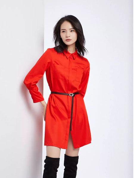 法路易娜女装品牌2020春夏新款红色腰带连衣裙