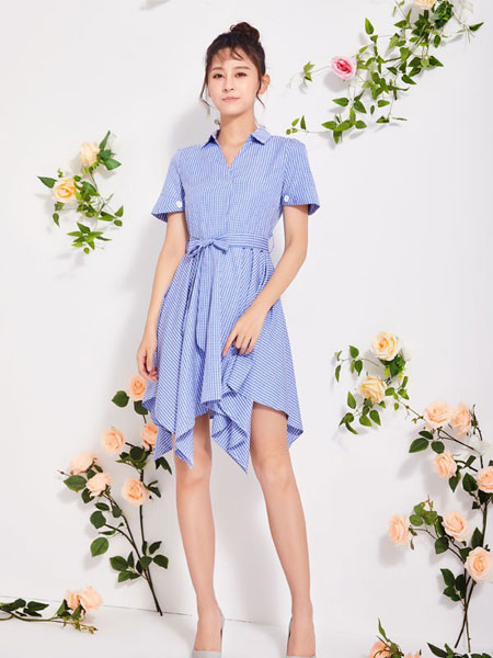 淑女日记女装品牌2020春夏新款纯色不规则衬衫式连衣裙