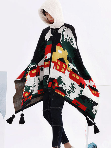 F-1(HALUCINATION)女装品牌2019秋冬新款圣诞风格针织斗篷
