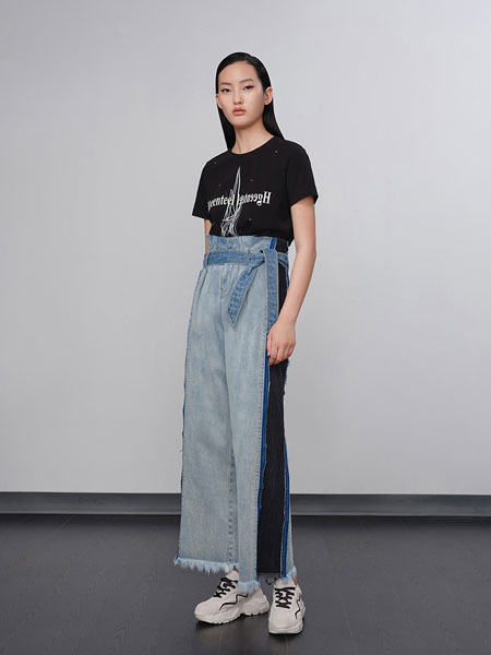 荷比俪女装品牌2020春夏新款牛仔系带式阔脚裤