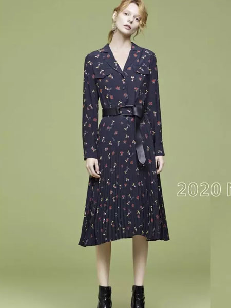 朗斯莉女装品牌2020春夏新款纯色碎花连衣裙