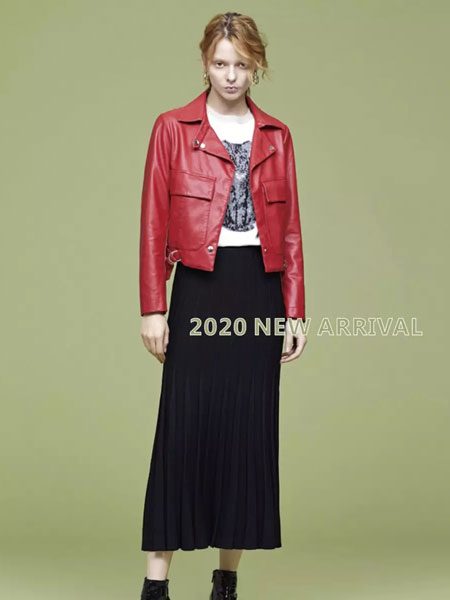 朗斯莉女装品牌2020春夏新纯色真皮翻领长袖外套