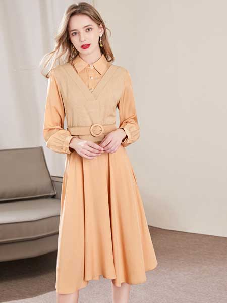 戈蔓婷女装品牌2020春夏新款纯色假两件气质连衣裙