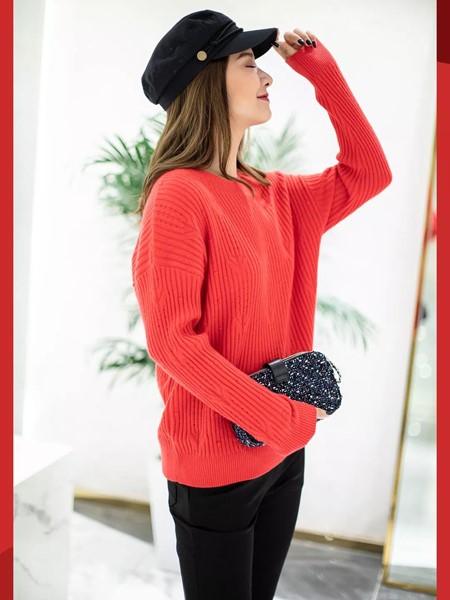圣奇融羊绒女装品牌2020秋冬纯色复古红毛衣