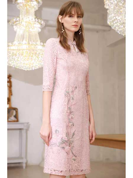 木帛女装品牌2020春夏新款纯色气质蕾丝绣花连衣裙