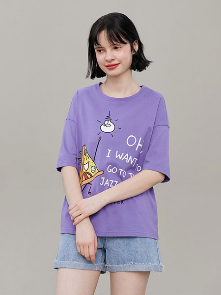 阔色kuose女装品牌2020春夏新款女装趣味印花紫色T恤韩版宽松短袖内搭上衣
