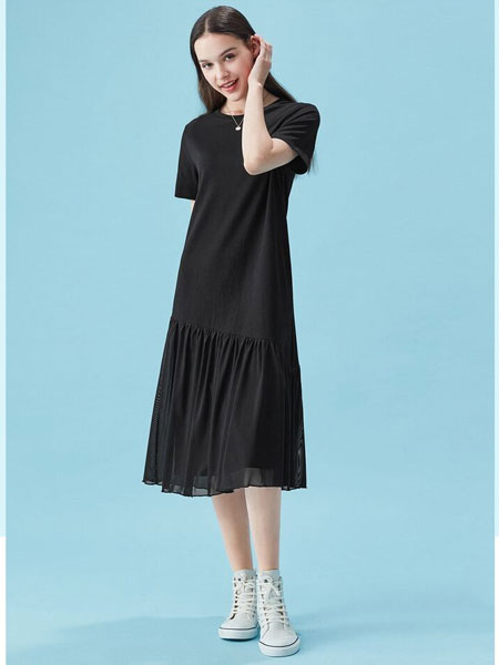 Giordano佐丹奴女装品牌2020春夏新款女装连衣裙气质黑色拼接网纱裙