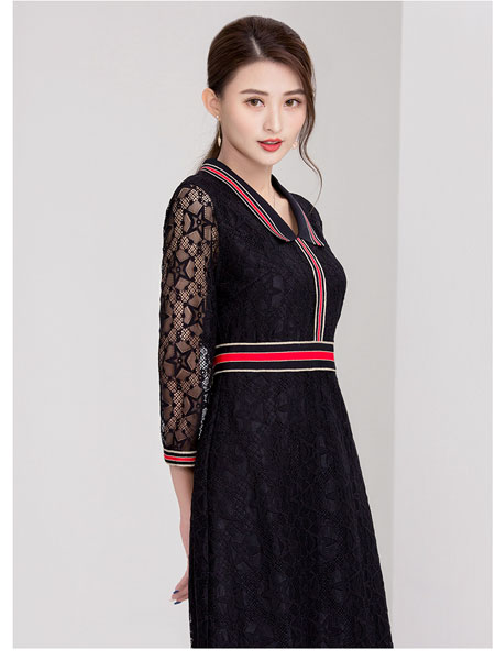 迪丝爱尔女装品牌2020春夏新款七分袖黑色蕾丝裙