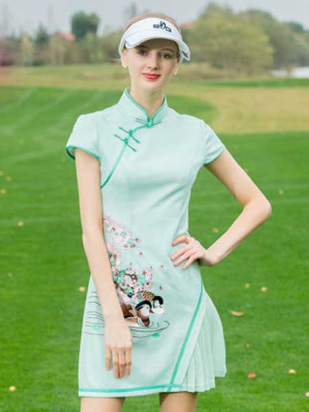 尚约高尔夫休闲品牌2020春夏新款印花连衣裙修身中式立领女裙
