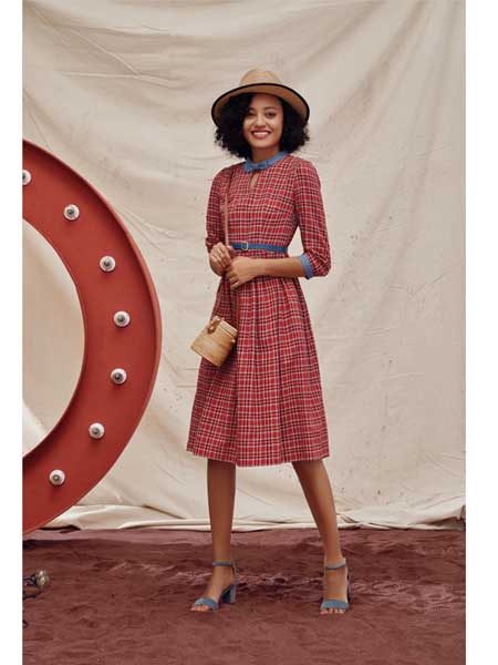 雅美瑞女装品牌2020春夏新款红色格子连衣裙
