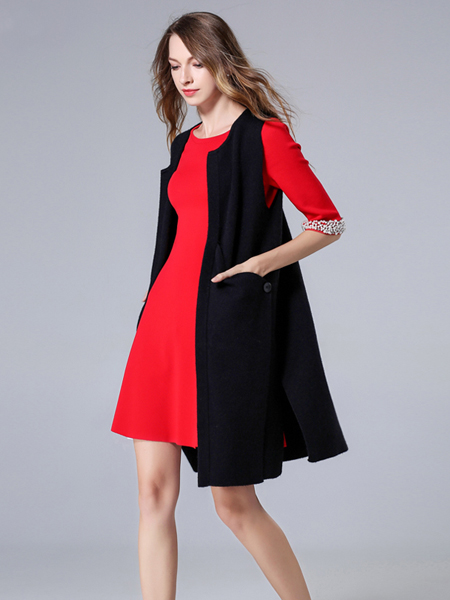 CXDTOP茜诗迪女装品牌2020春夏新款连衣裙针织圆领显瘦钉珠五分袖通勤A型裙