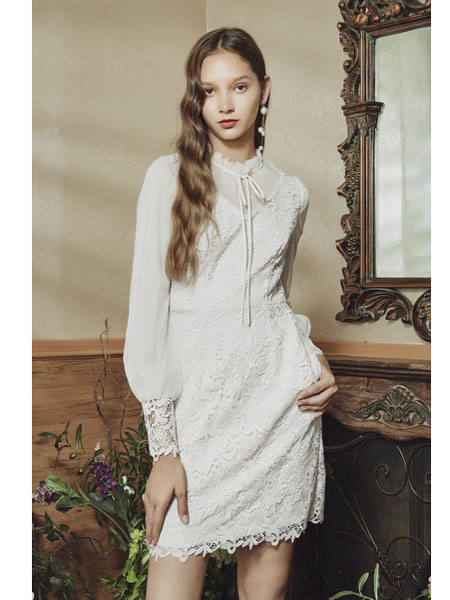 保时霓女装品牌2020春夏新款蕾丝白色连衣裙