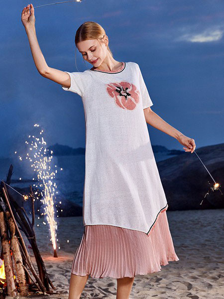 谷度女装品牌2020春夏新款纯色图案气质短袖长款裙