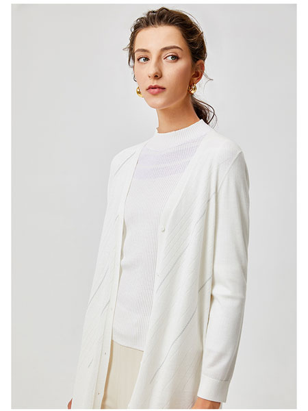 印象草原女装品牌2020春夏新款V领白色女开衫