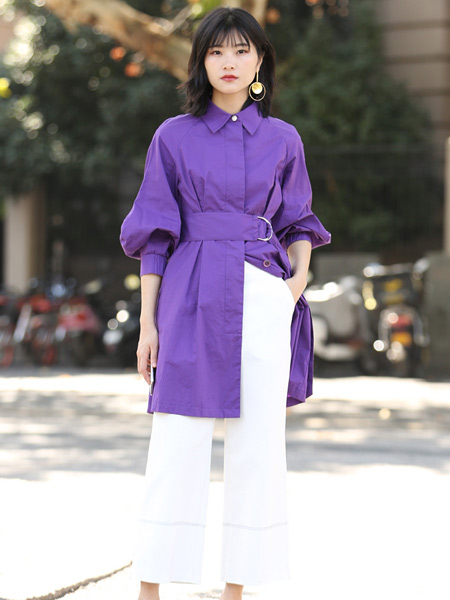 3S女装尚艾诗2020春季新品气质葡萄紫收腰显瘦衬衫裙