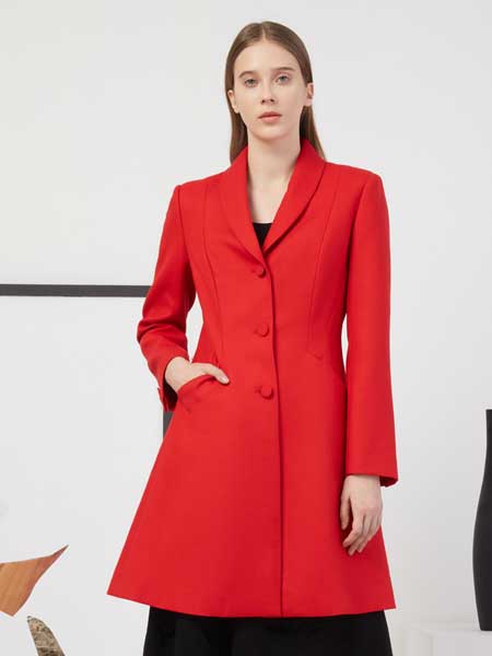 欧碧倩女装品牌2020春夏新款大衣女中长款收腰修身红色外套