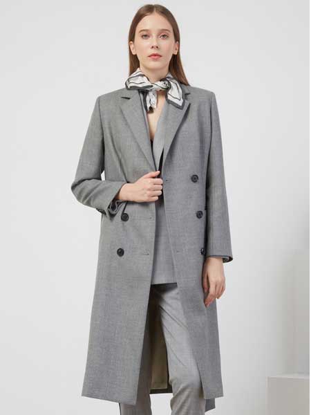 欧碧倩女装品牌2020春夏新款双排扣大衣女羊毛中长款干练外套