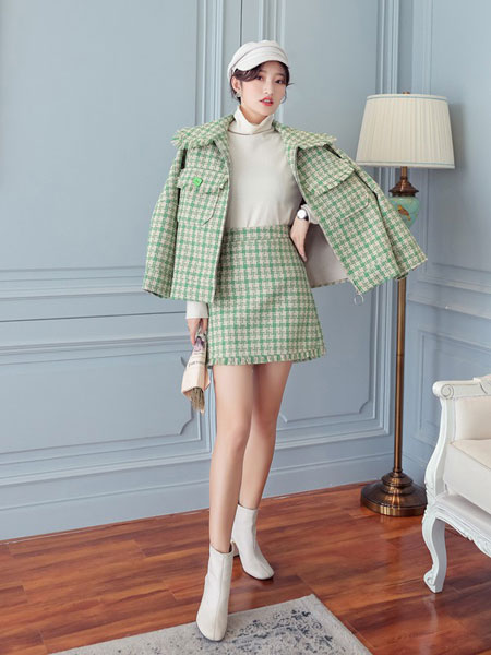 YANGER女装品牌2020春夏新款纯色格子气质裙子套装