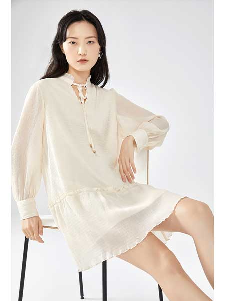 艾莱依女装品牌2020春夏新款甜美系带雪纺裙简约长袖连衣裙