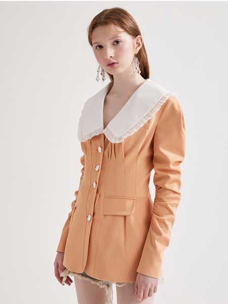 糖力潮品(TAMMYTANGS)女装品牌2020春夏新品修身撞色花边翻领羊腿袖西装外套