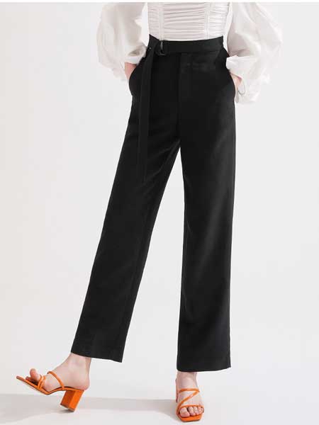 糖力潮品(TAMMYTANGS)女装品牌2020春夏新款黑色腰带D字扣直筒显瘦休闲长裤