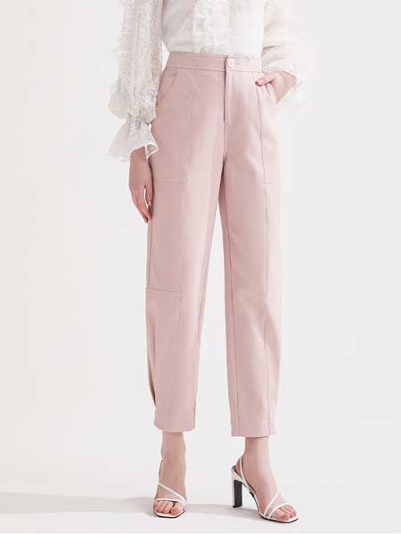糖力潮品(TAMMYTANGS)女装品牌2020春夏新款粉色高腰脚口收褶哈伦裤休闲裤