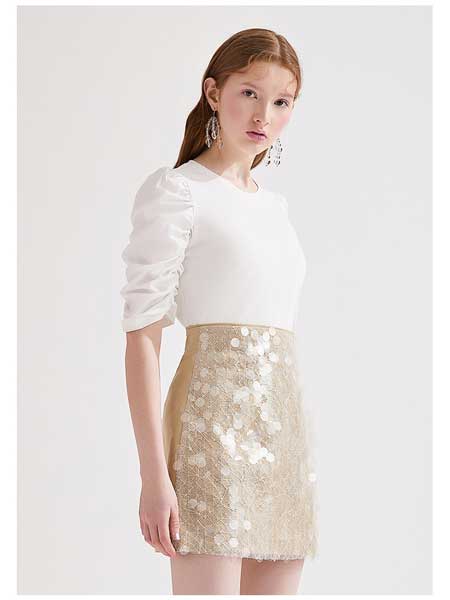 糖力潮品(TAMMYTANGS)女装品牌2020春夏新款卡其色显瘦A字裙亮片拼接半身裙