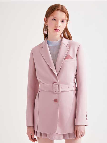 糖力潮品(TAMMYTANGS)女装品牌2020春夏新品灰粉色腰带单排扣中长款西装外套