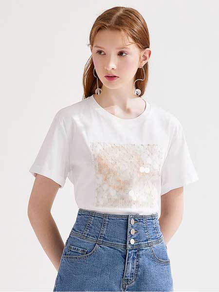糖力潮品(TAMMYTANGS)女装品牌2020春夏新品白色拼接珠片短袖T恤女打底衫上衣