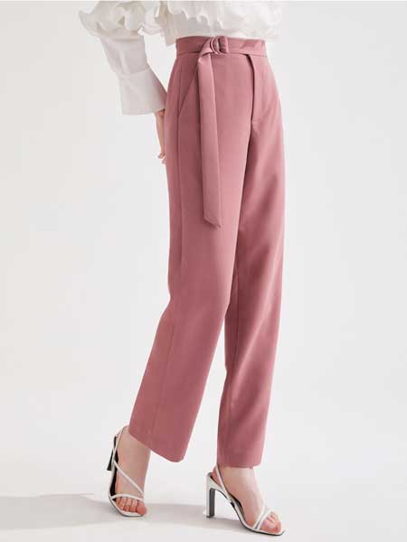糖力潮品(TAMMYTANGS)女装品牌2020春夏新款灰粉色腰带D字扣直筒休闲裤长裤