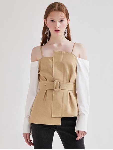 糖力潮品(TAMMYTANGS)女装品牌2020春夏新款修身吊带一字肩腰带长袖上衣衬衫