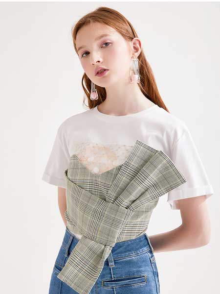 糖力潮品(TAMMYTANGS)女装品牌2020春夏新款可拆卸肩带复古格纹蝴蝶结短罩衫