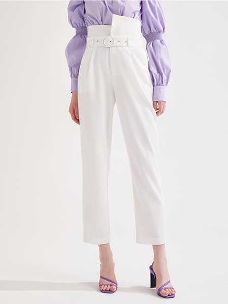 糖力潮品(TAMMYTANGS)女装品牌2020春夏新款米白色不规则高腰哈伦九分休闲裤